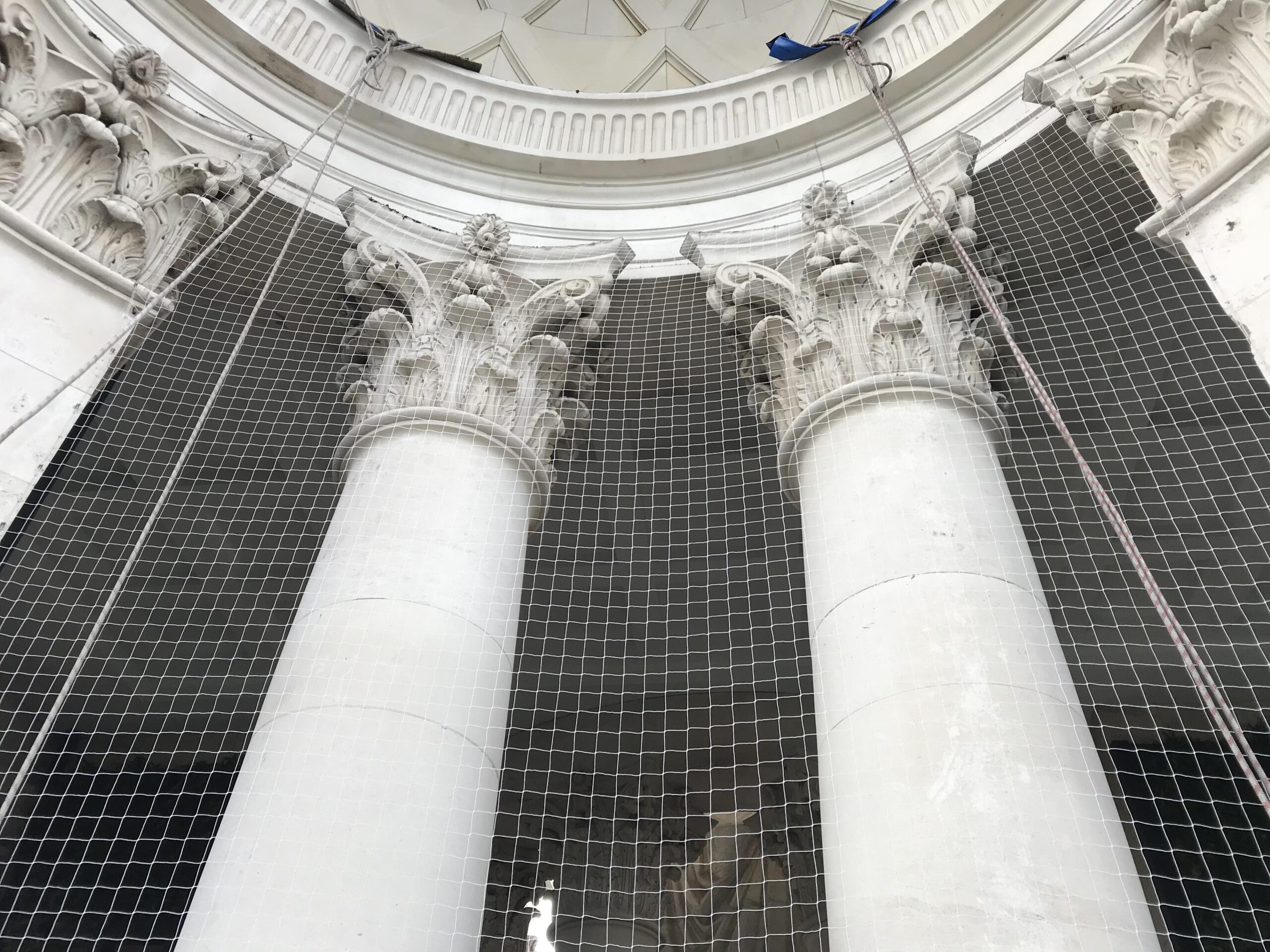 Bird netting installed around the main tower